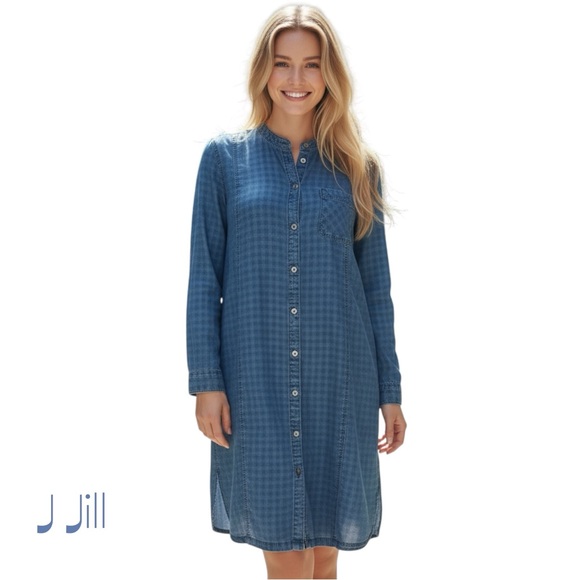 J Jill Blue Checkered Denim Coastal CowGirl Boho Chic Shirt Dress Size S - Picture 1 of 12